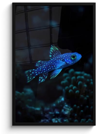 Poster in lijst - Fotolijst 60x90 cm - Posters - Vis - Stippen - Koraal - Blauw - Posterlijst zwart - Decoratie - Wanddecoratie woonkamer - Muurdecoratie slaapkamer