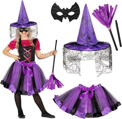 Halloween Tovenaar Kostuum voor Meisjes, Inclusief Tovenaarsmuts, Bezem en Tovenaarsjurk, Perfect voor Feestjes en Verkleedpartijen