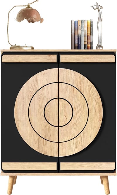 Schoenenkast met rond geometrisch design - Houtlook - Stofdichte deuren, meerlaagse opbergruimte, massief houten poten - Modern, geschikt voor hal en entree