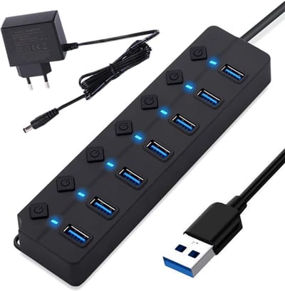 YOR® USB Hub met Voeding - USB Hub - USB Splitter - Zwart - 22cm x 16cm x 5cm