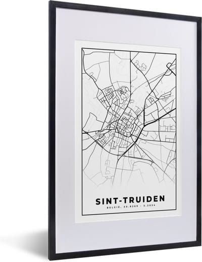 Fotolijst incl. Poster Zwart Wit- Stadskaart – Plattegrond – België – Zwart Wit – Sint Truiden – Kaart - 40x60 cm - Posterlijst