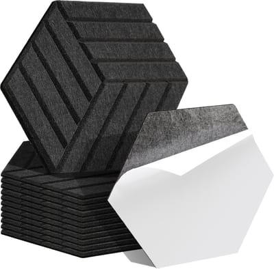 Zelfklevende akoestiekpanelen 12 stuks zwart, zeshoekige geluidsabsorberende viltpanelen 15 cm, 0,9 cm dik