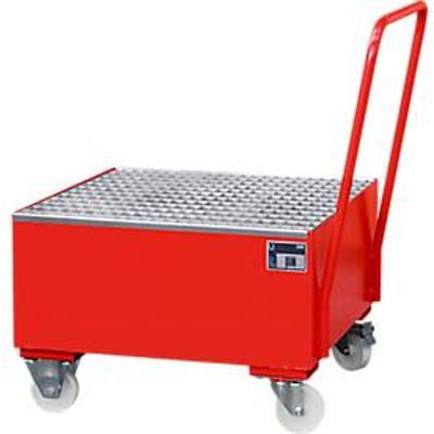 Stalen lekbak met wielen + greep, 800 x 800 mm, rood RAL 3000