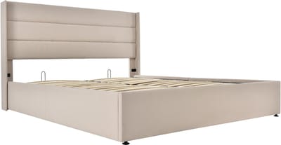 Opbergbed, gestoffeerd bed, hydraulisch tweepersoonsbed (140x200 cm), inclusief matras, lattenbodem van hout, lattenbodem van metaal, linnen, beige.