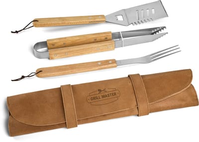 BBQ set - Vierdelige Barbecue set - Leren hoes "Grill Master" - 100% Nederlands buffel leder - Barbecue Gereedschap - BBQ Tools - Bruin