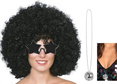 Smiffys Carnaval verkleedset afropruik zwart - sterren zonnebril - Discobal ketting - Disco/seventies party thema