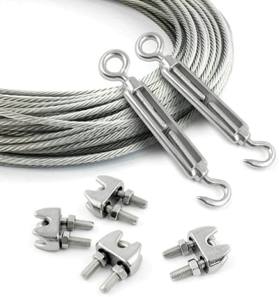 DQ-PP STAALKABEL SET - 2 mm - 10 m - 4 x Kabelklemmen 2 mm - 2 x Spanschroef M4 Haak oog - Roestvrij Staal INOX - 7x7 Middelzacht - Staalkabel voor Klimhulp Roestvrij Staalkabel Staaldraad Bosbouwkabel Lierkabel