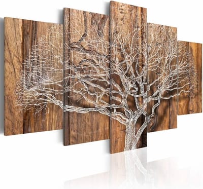 Schilderij - Boom in de Winter, Hout Look(dus NIET op hout),  wanddecoratie  5luik , premium print op canvas