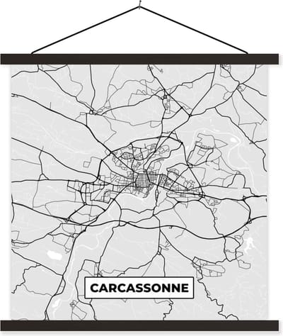 Posterhanger incl. Poster 60x60 cm - Schoolplaat - Frankrijk - Carcassonne - Stadskaart - Plattegrond - Kaart - Textielposter - Zwarte latten - Stadskaart