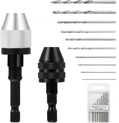 Dailygoods- Boorhouder 2 Stuks - Boorset 10 x 0,8-3,0 mm - Zeskantschacht 1/4 Inch - Snelspanboorhouder 0,3-6,5 mm - Accessoires voor Ombouwgereedschap - Geschikt voor Mini-elektrische Schuurmachine