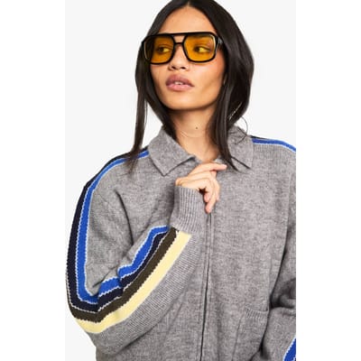 boohoo Dames Gebreide Cardigan met ritssluiting en gestreepte mouwen | Grijs | Maat: Small