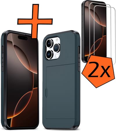 Hoesje Geschikt voor iPhone 16 Pro Hoesje Pasjeshouder Shockproof Hard Case Met 2x Screenprotector - Hoesje Geschikt voor iPhone 16 Pro Hoes Met Kaarthouder - Donkerblauw