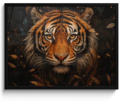 Poster in lijst - Fotolijst 70x50 cm - Posters - Bladeren - Tijger - Oranje - Posterlijst zwart - Decoratie - Wanddecoratie woonkamer - Muurdecoratie slaapkamer