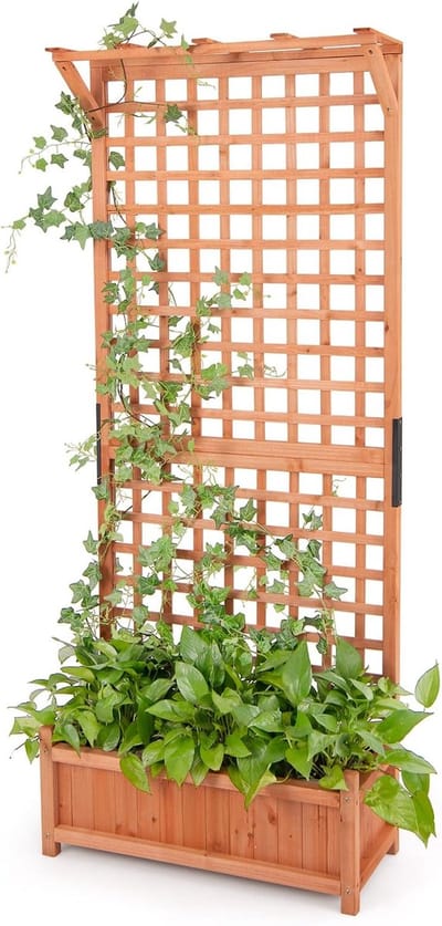 COSTWAY Bloembak met latwerk en dak, dennenhout, verhoogd bloembed met rankrooster en drainagegaten, tuinspalier voor klimplanten, rankkast, klimhulp, tuin, terras, natuur, 75 x 33 x 181 cm