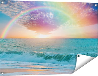 Gards Tuinposter Regenboog in het Water bij het Strand - 90x60 cm - Tuindoek - Tuindecoratie - Wanddecoratie buiten - Tuinschilderij
