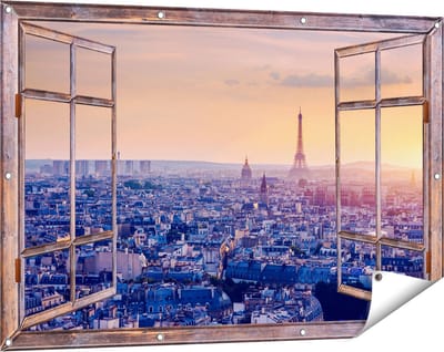 Gards Tuinposter Doorkijk Skyline van Parijs tijdens Zonsondergang - 120x80 cm - Tuindoek - Tuindecoratie - Wanddecoratie buiten - Tuinschilderij