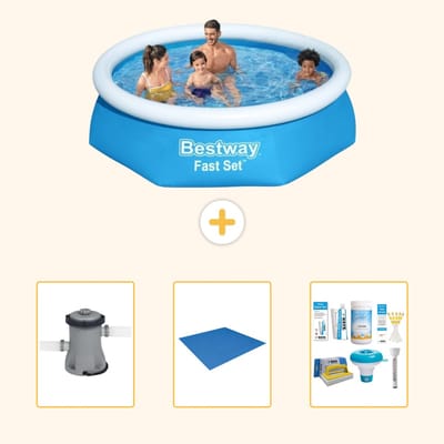 Bestway Rond Opblaasbaar Fast Set Zwembad - 244 x 61 cm - Blauw - Inclusief Pomp - Grondzeil - Onderhoudspakket - 4-delig