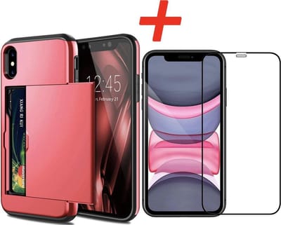 Pasjeshouder geschikt voor Apple iPhone X / XS - Rood - met Glazen Screenprotector