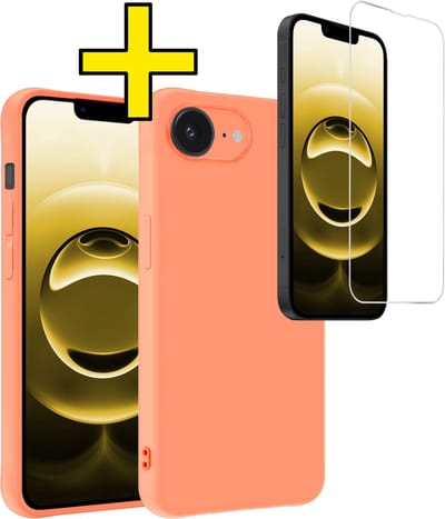 Hoesje - Met Screenprotector - Geschikt voor Apple iPhone 16e - Sterk & Shockproof - Back Cover - Siliconen Case - Telefoon Hoes - Telefoonhoesjes - Perzik