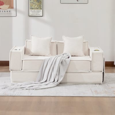 MODENUIT Zitbank 162 cm - Modulaire Opstelling Met Zijvakken En 2 Kussens - Voor Woonkamer En Leeshoek - Cord Beige