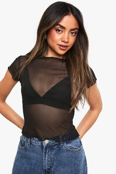 boohoo Dames Mesh Baby Tee | Zwart | Maat: 40