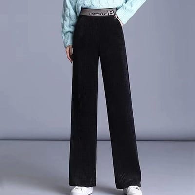 Fleece Pluche Dik Warm Letter Strepen Hoge Taille Corduroy Rechte OL Wijde Pijp Lange Broek Dames Winter Casual Broek Kleding M