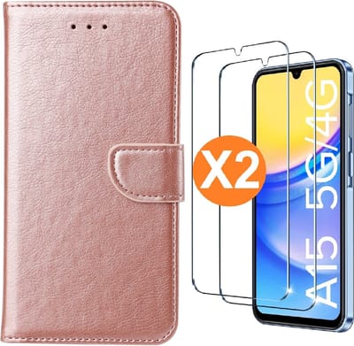 Hoesje geschikt voor Samsung Galaxy A15 5G / 4G hoesje bookcase Rose Goud - Met screenprotector tempered glass Galaxy A15 - 2x