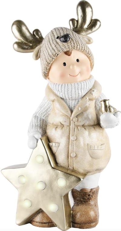 Decoratiebeeld winterkind ster met lampjes vogel gewei19x14x36cm | A215022 | Dekoratief
