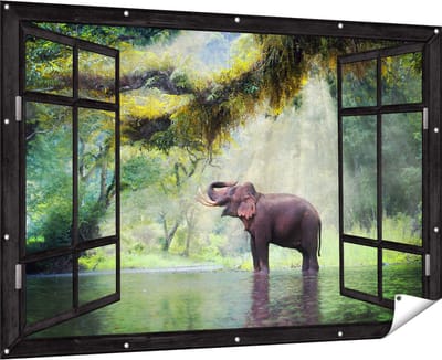 Gards Tuinposter Doorkijk Vrolijke Olifant in het Water - 180x120 cm - Tuindoek - Tuindecoratie - Wanddecoratie buiten - Tuinschilderij