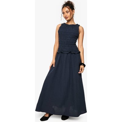boohoo Dames Gingham geplooide detail drop waist midaxi jurk | Marineblauw | Maat: 40