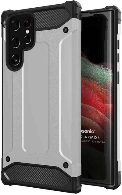 Schokbestendig Heavy Duty Hoesje Geschikt voor: Samsung Galaxy S22 Ultra Shock Proof Hybride - Back Cover - Dual Layer Armor Case - Extra Stevig - Zilver