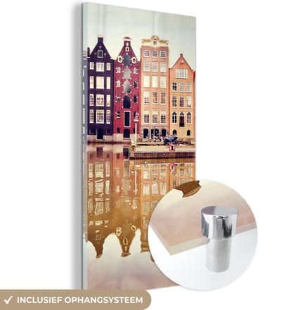 MuchoWow® Glasschilderij 20x40 cm - Schilderij acrylglas - Amsterdam - Huis - Reflectie - Foto op glas - Schilderijen