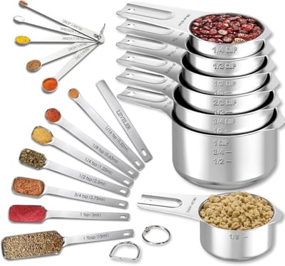 Famanu - Maatbekers en maatlepels set RVS, 7 nestbekers, 7 smalle lepels, 5 mini lepels plus niveller, geschikt voor kruidenpotjes