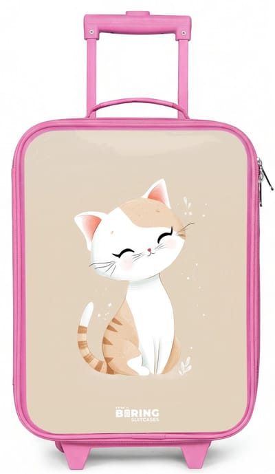 NoBoringSuitcases.com® - Kinderkoffer roze - Kindertrolley meisje - Kitten in de kleuren beige en wit - Koffer kind lichtgewicht - Reiskoffer trolley voor kinderen - Koffertje met lichtgevende wieltjes - Rolkoffer
