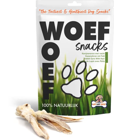 Woef Woef Snacks Hondensnacks Konijnenoren met haar - 0.25 KG - Kauwsnacks - Gedroogd vlees - Konijn - Vanaf 3 maanden - Geen toevoegingen