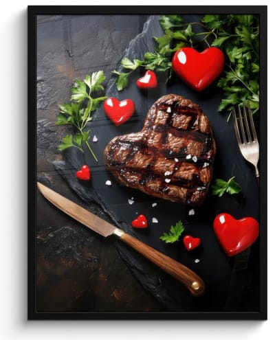 Poster in lijst - Fotolijst 50x70 cm - Posters - Steak - Hart - Bestek - Posterlijst zwart - Decoratie - Wanddecoratie woonkamer - Muurdecoratie slaapkamer