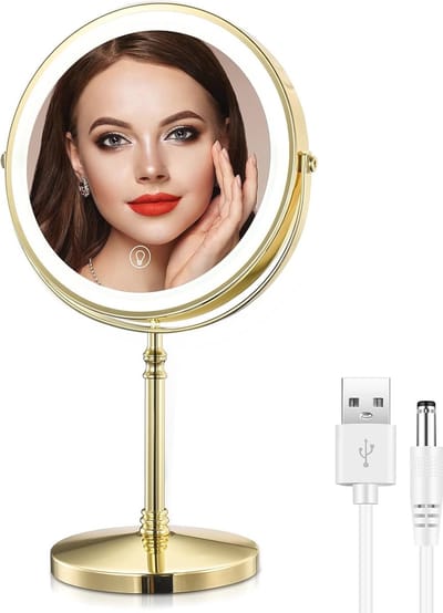 Gouden Make-up Spiegel met Verlichting - 10x Vergrotende Dubbelzijdige Tafelspiegel