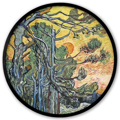 Poster in lijst Rond - Fotolijst 40x40 cm - Posters - Dennenbomen bij zonsondergang - Vincent van Gogh - Ronde posterlijst zwart - Decoratie - Wanddecoratie woonkamer - Muurdecoratie slaapkamer
