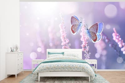 Behang - Fotobehang Vlinder - Lavendel - Bloemen - Paars - Breedte 375 cm x hoogte 240 cm