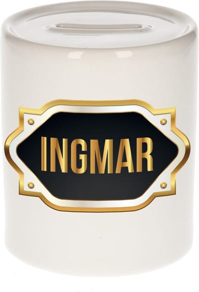 Spaarpot met voornaam Ingmar - wit - met goud/zwart embleem - 8 x 9 cm - keramiek - met afsluitdop - cadeau verjaardag