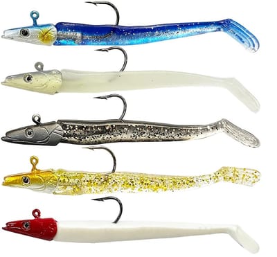 Dailygoods- Kunstaas Set 5-Pack - Zacht Plastic Kunstaas - Paddle Tail Swimbaits - Jerk Aas - Aantrekkelijk voor Roofvis - Glow-in-the-dark Effect - Vishaak