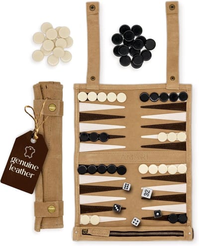 Reisbackgammon - Oprolbaar spel - Spel voor onderweg - Gemaakt van leer - 25 x 31 cm - Beige