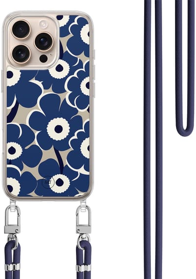Hoesje met koord geschikt voor iPhone 16 Pro Max - Abstract bloom - Inclusief zwart koord - Crossbody beschermhoes - Transparant, Blauw - Mooie Telefoonhoesjes
