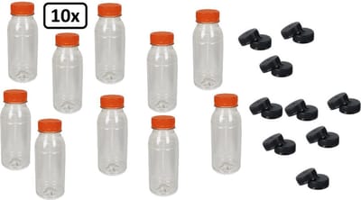 10x Flesje helder 250cc met oranje dop + 10 zwarte doppen - drink fles vruchten sap limonade drank