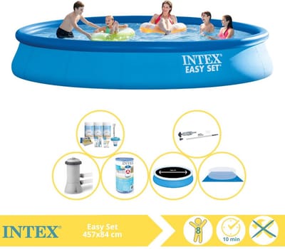 Intex Rond Opblaasbaar Easy Set Zwembad - 457 x 84 cm - Blauw - Inclusief Pomp - Solarzeil - Onderhoudspakket - Filter - Grondzeil - Stofzuiger - 7-delig