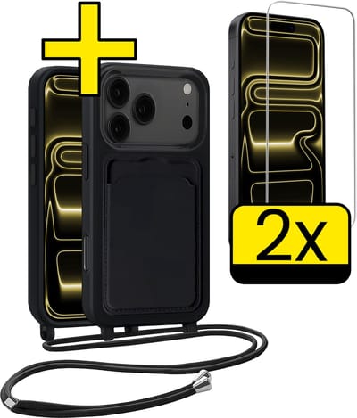 Hoesje Geschikt voor iPhone 17 Pro Max Telefoonhoesje Met Koord Case Pashouder Met 2x Screenprotector Siliconen - Hoes Geschikt voor iPhone 17 Pro Max Hoesje Met Kaarthouder - Zwart