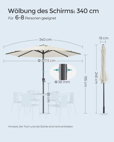 Rechthoekige Parasol 140x210 cm Gartenschirm UV-Schutz, 30° Kantelbaar, Stabiel IJzer/Staal Frame, Terras, Tuin, Balkon, Strand – Zonder Voet, 4 Kleuren – Bellavero