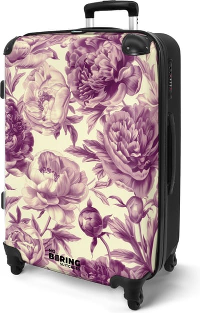 NoBoringSuitcases.com® - Koffer groot - Rolkoffer lichtgewicht - Wit met paarse bloemen - Reiskoffer met 4 wielen - Reistrolley - Luggage suitcase - Grote trolley XL - 20 kg bagage