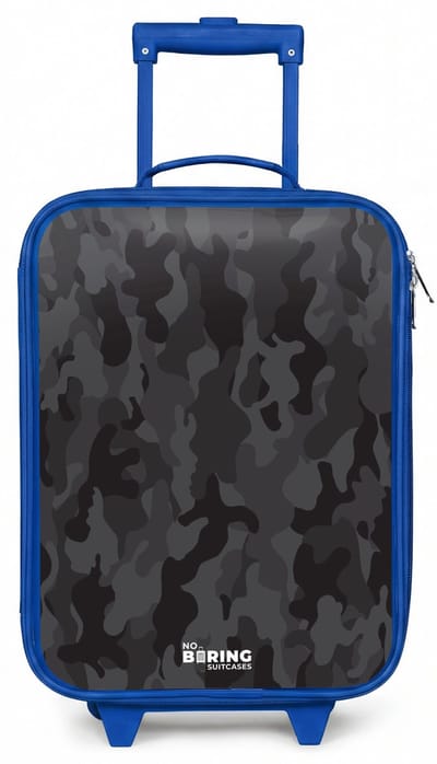 NoBoringSuitcases.com® - Kinderkoffer blauw - Kindertrolley jongen - Groene camouflage print - Koffer kind lichtgewicht - Reiskoffer trolley voor kinderen - Koffertje met lichtgevende wieltjes - Rolkoffer