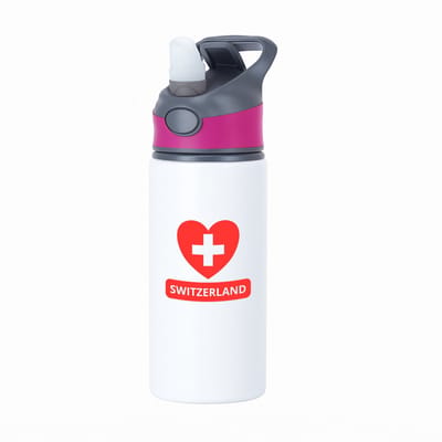 Hacebo® - Switzerland vlag hartje waterfles met rietje roze - Zwitserland - reizigers - toerist - verjaardagscadeau - souvenir - vakantie - water fles - 650ML